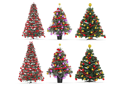 Decorated Christmas Trees With Various Color Stars Baubles Ribbons And Bases 3d model