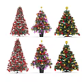 Decorated Christmas Trees With Various Color Stars Baubles Ribbons And Bases