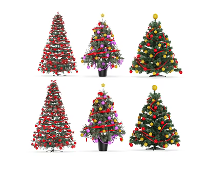 Decorated Christmas Trees With Various Color Stars Baubles Ribbons And Bases 3d model