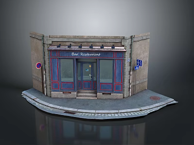 Cartoon Scene Street Corner Bar Restaurant with Stone Building Blue Doors Windows Steps and Stone Pavement 3d model