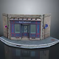 Cartoon Scene Street Corner Bar Restaurant with Stone Building Blue Doors Windows Steps and Stone Pavement