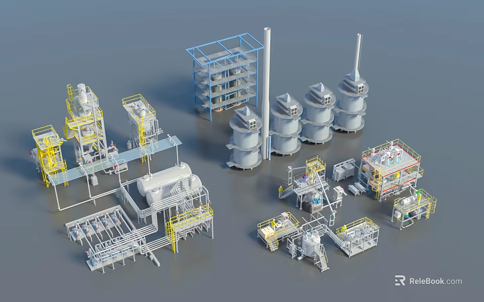 Industrial Equipment with Towers Tanks Piping Systems and Platforms in Industrial Facility Layout 3d model 