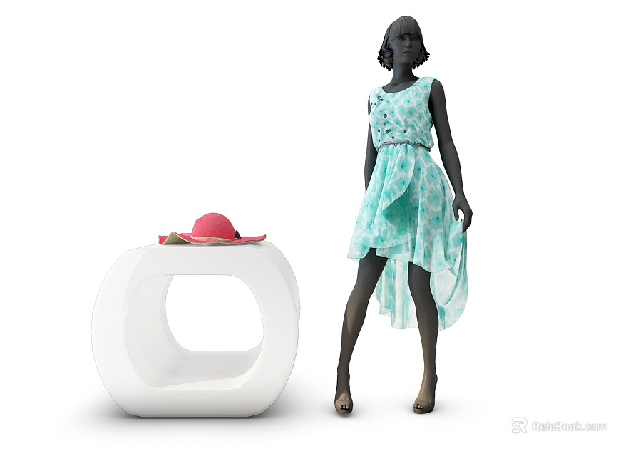 Model in Light Blue Floral Dress with White Stool and Pink Hat 3d model 