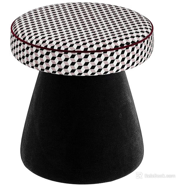 Stylish Sofa Stool With Black White Diamond Pattern Cushion Red Stitching And Black Conical Base 3d model 