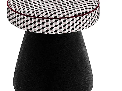 Stylish Sofa Stool With Black White Diamond Pattern Cushion Red Stitching And Black Conical Base 3d model