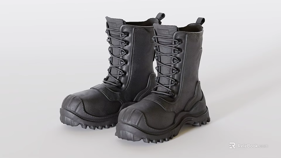 Black Leather Lace up Boots With Thick Durable Sole For Work Outdoor Use 3d model 