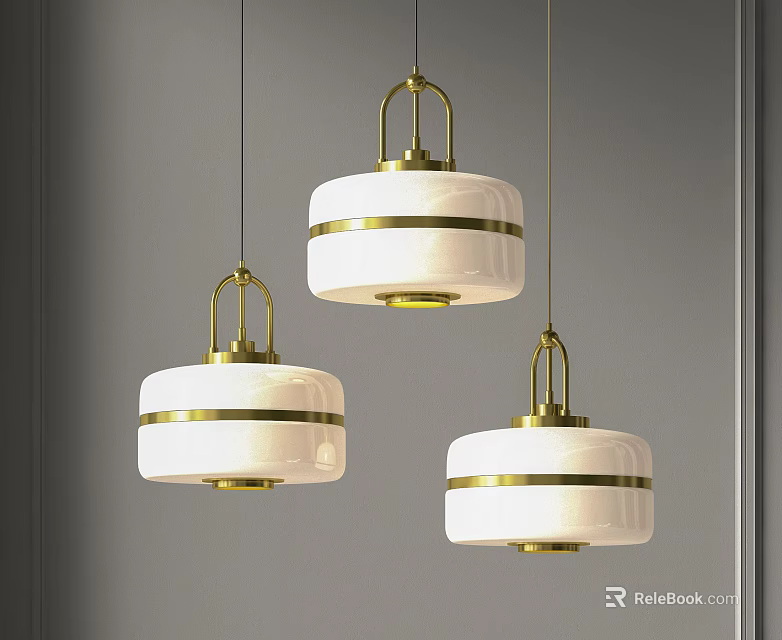 Three Modern Elegant Pendant Lights with Gold Frame and White Cylindrical Shade 3d model 