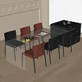 Modern Dining Table With Glass Top And Black Red Gray Chairs In Stylish Room