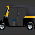 Yellow And Black Three Wheeled Vehicle With Gray Roof And Blue Seats