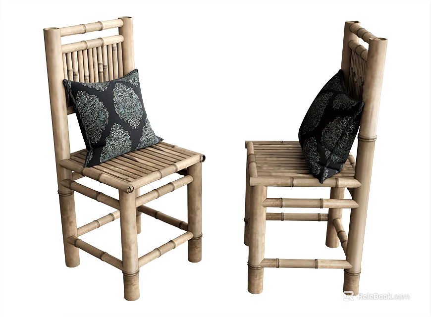 Bamboo Leisure Chairs With Woven Seat Back And Black Patterned Cushions 3d model 