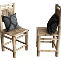 Bamboo Leisure Chairs With Woven Seat Back And Black Patterned Cushions