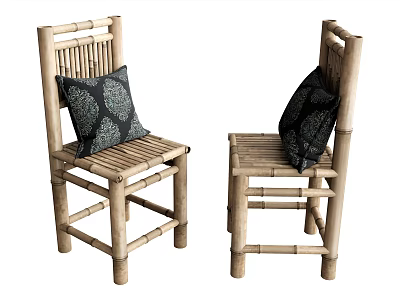 Bamboo Leisure Chairs With Woven Seat Back And Black Patterned Cushions 3d model