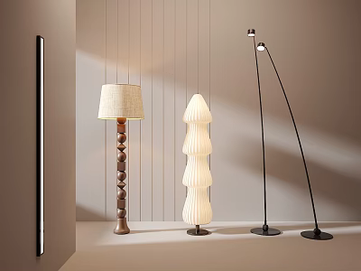 Modern Floor Lamps With Wooden Base Layered Shade And Curved Black Metal Stand 3d model