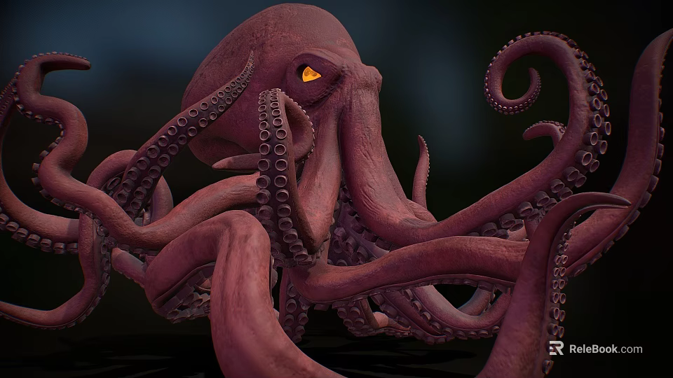 Giant Pinkish Purple Octopus Game Movie Character With Glowing Yellow Eyes And Tentacles With Suckers 3d model 