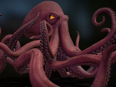 Giant Pinkish Purple Octopus Game Movie Character With Glowing Yellow Eyes And Tentacles With Suckers 3d model