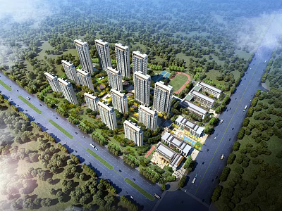 Aerial View Planning of Modern High Rise Residential Community With Green Landscape Sports Field And Roads 3d model