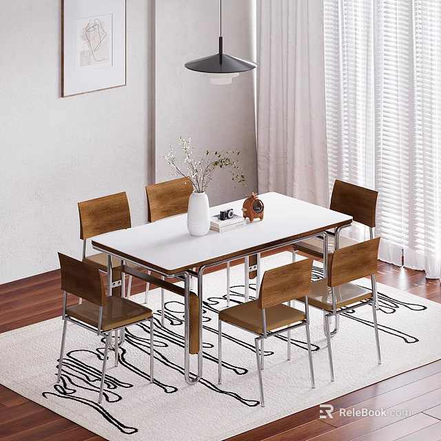 Modern Dining Table Set With White Tabletop Wooden Chairs And Metal Frame 3d model 