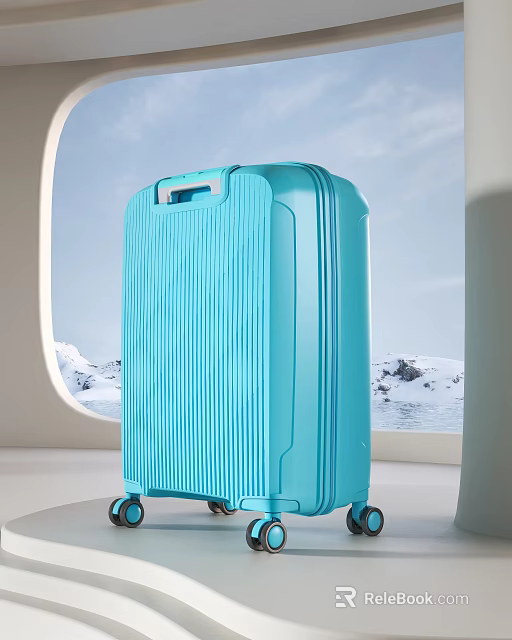Blue Striped Travel Suitcase With Modern Design Wheels And Snowy Landscape 3d model 