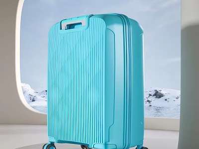 Blue Striped Travel Suitcase With Modern Design Wheels And Snowy Landscape 3d model