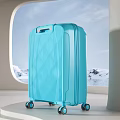 Blue Striped Travel Suitcase With Modern Design Wheels And Snowy Landscape