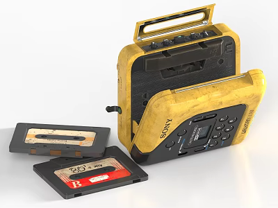 Vintage Yellow Sony Portable Cassette Tape Recorder with Classic Tapes as Entertainment Electronics 3d model