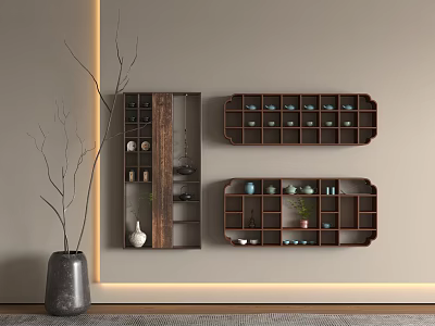 Chinese Style Wall Mounted Curio Shelf With Decorative Items In Modern Interior 3d model