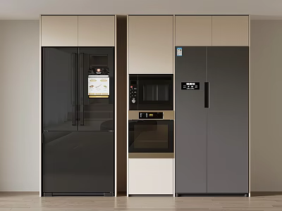 Modern Kitchen Refrigerator With Cabinets And Built in Appliances Interior Design 3d model