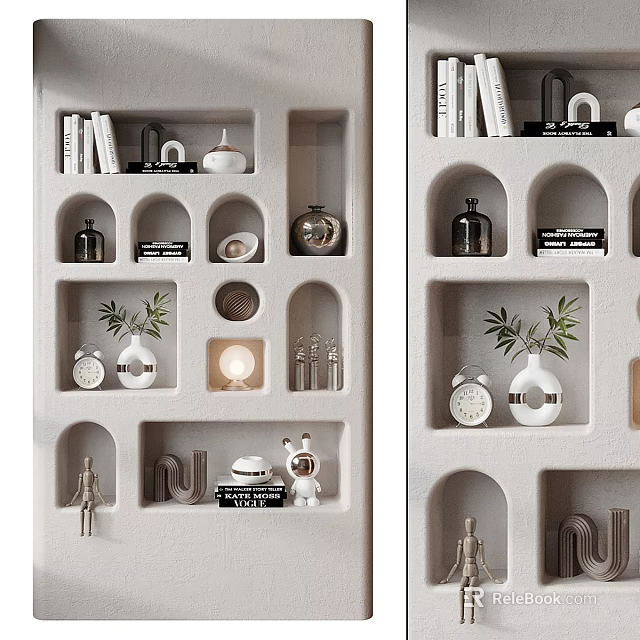 Decorative Ornament Arrangement on Arch Shaped Shelving Unit with Books Vases Clocks Plants And Figurines 3d model 