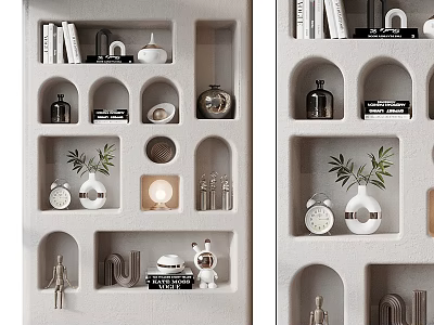 Decorative Ornament Arrangement on Arch Shaped Shelving Unit with Books Vases Clocks Plants And Figurines 3d model
