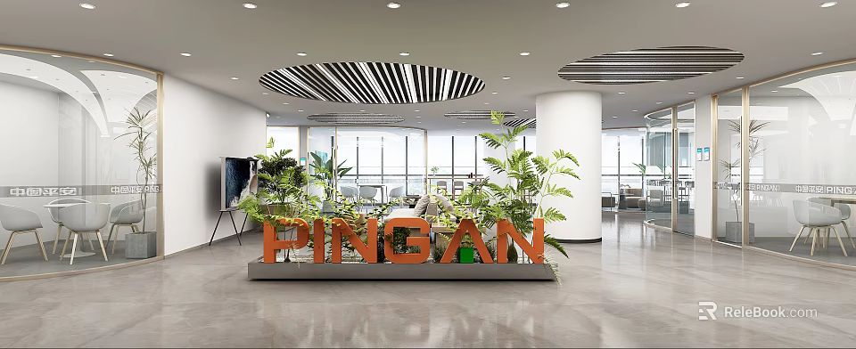 Modern Lounge Area with PINGAN Sign Green Plants and Bright Windows 3d model 