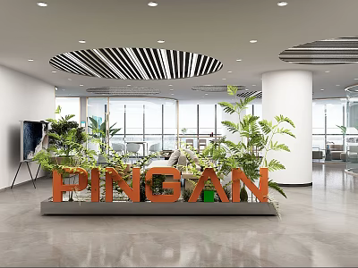 Modern Lounge Area with PINGAN Sign Green Plants and Bright Windows 3d model