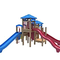 Wooden Outdoor Playground Equipment With Blue Canopy Colorful Slides And Red Spiral Slide