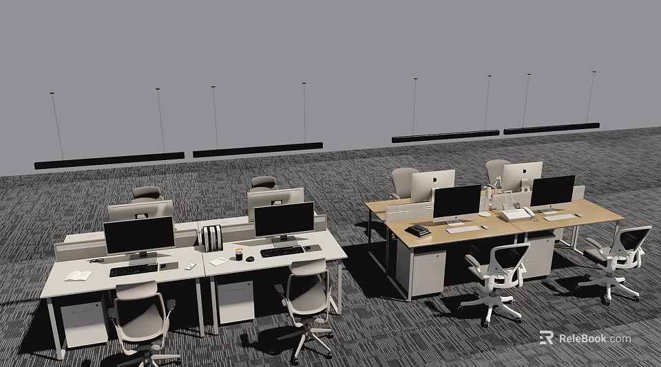 Modern Office Desks With Computer Monitors And Ergonomic Chairs In Workspace 3d model