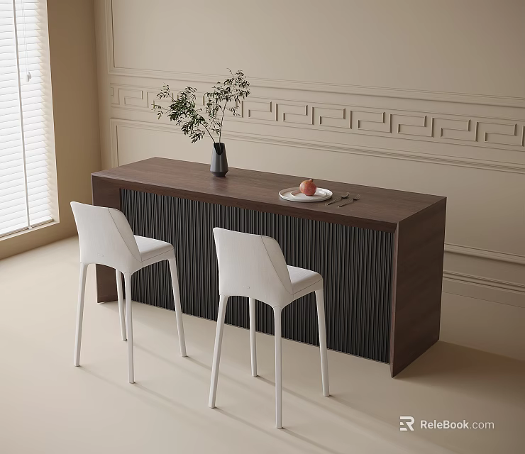 Modern Bar Counter Interior Design With White Chairs Vase And Fruit Plate 3d model 