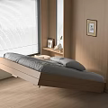 Modern Bedroom Interior With Floating Wooden Bed Window Blinds And Decorations