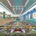 Modern Supermarket Interior with Fish Tanks Shelves Various Products Green Plant Decorations and Bright Lighting