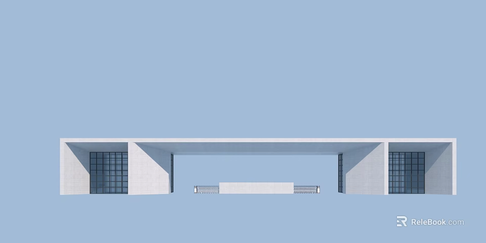 Modern Symmetrical Entrance Gate With Concrete Frame And Glass Panel Design 3d model 