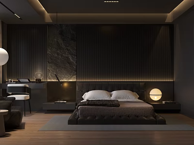 Modern Dark Bedroom Interior With Paneled Headboard Wall Ambient Lighting And Leather Bed 3d model