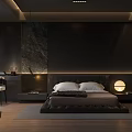 Modern Dark Bedroom Interior With Paneled Headboard Wall Ambient Lighting And Leather Bed