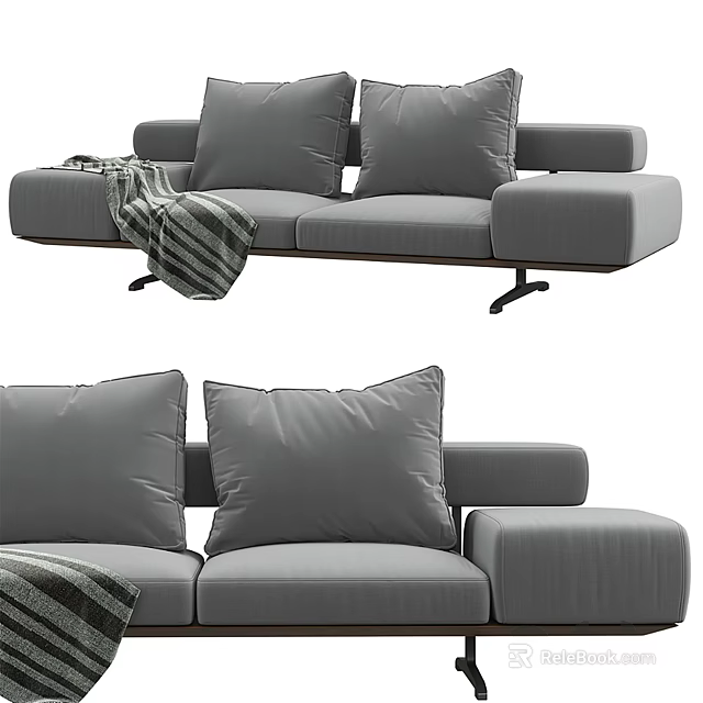 Comfortable Gray Sofa With Plush Cushions And Striped Blanket Design 3d model