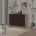 Modern Tea Room With Wooden Cabinet Glass Door Coffee Machine Decorative Plants And Wall Painting