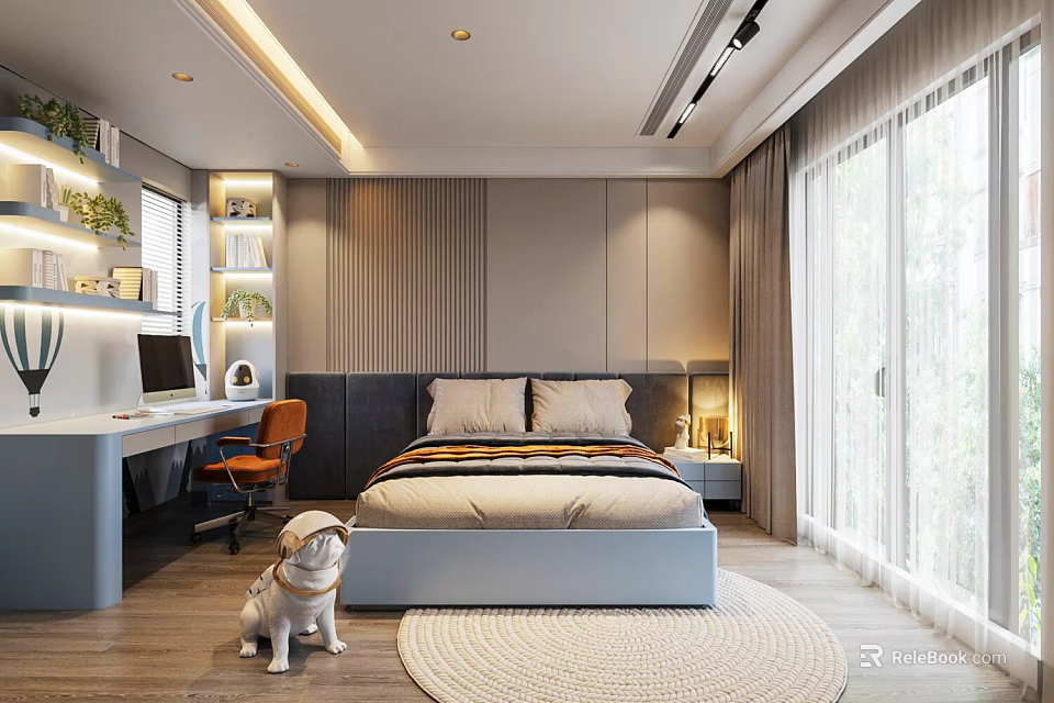 Modern Kids Room Interior Design With Bed Desk Chair Shelf And Playful Dog Toy 3d model 