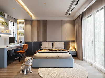 Modern Kids Room Interior Design With Bed Desk Chair Shelf And Playful Dog Toy 3d model