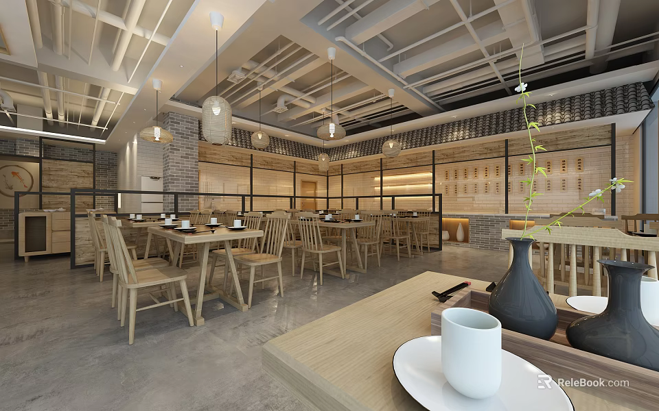 Warm Restaurant Interior With Wooden Tables Chairs Hanging Lights And Brick Walls 3d model 