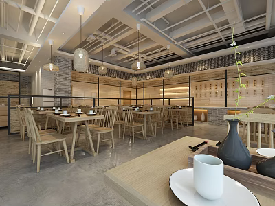Warm Restaurant Interior With Wooden Tables Chairs Hanging Lights And Brick Walls 3d model