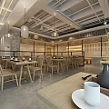 Warm Restaurant Interior With Wooden Tables Chairs Hanging Lights And Brick Walls