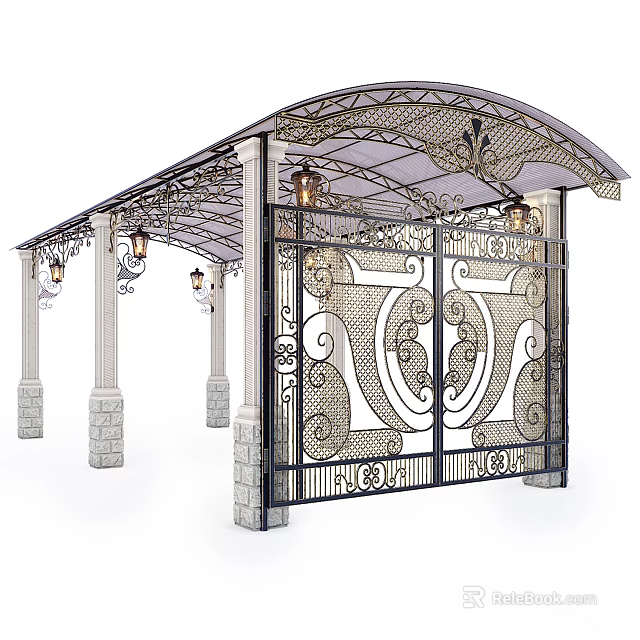 Wrought Iron Canopy With Ornate Patterns Stone Pillars Lanterns And Decorative Gates 3d model 