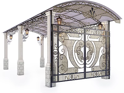 Wrought Iron Canopy With Ornate Patterns Stone Pillars Lanterns And Decorative Gates 3d model