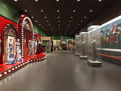 Museum Exhibition Hall Featuring Red Display Stands Mannequins Glass Cases And Bright Lighting 3d model