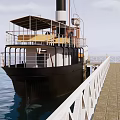 Vintage Wooden Steamship Docked at Pier with Cabin Over Blue Water